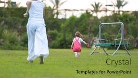  Presentation with free family - Theme enhanced with young mother and cute little daughter enjoying free time playing outside at backyard on the grass happy family in nature concept background and a gold colored foreground