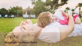  Presentation with free family - Colorful PPT theme enhanced with young mother and cute little daughter enjoying free time playing outside at backyard on the grass happy family in nature concept backdrop and a coral colored foreground