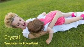  Presentation with free family - Slides enhanced with young mother and cute little daughter enjoying free time playing outside at backyard on the grass happy family in nature concept background and a tawny brown colored foreground