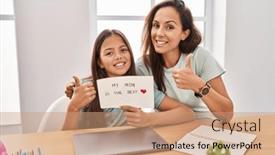  Presentation with mom daughter - Presentation theme having young-mother-and-daughter-holding background and a coral colored foreground