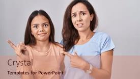  Presentation with forefinger - PPT layouts featuring young-mother-and-daughter-standing background and a coral colored foreground