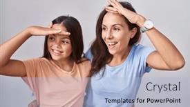  Presentation with far away - Presentation theme enhanced with young-mother-and-daughter-standing background and a light blue colored foreground