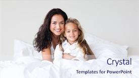  Presentation with daughter mother - PPT theme having young mother and her daughter on bed smiling at camera background and a sky blue colored foreground