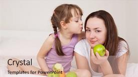  Presentation with old young - Amazing PPT layouts having young mother and her five year old daughter eat apples on the bed at home backdrop and a lemonade colored foreground