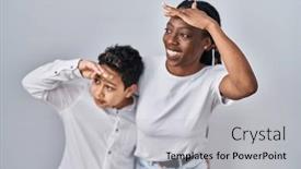  Presentation with far away - Presentation design enhanced with young-mother-and-son-standing background and a light gray colored foreground