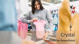  Presentation with childrens - Cool new PPT theme with young mother buying childrens clothes backdrop and a  colored foreground