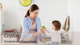  Presentation with young healthy people - Audience pleasing slide deck consisting of young mother giving green apple backdrop and a coral colored foreground