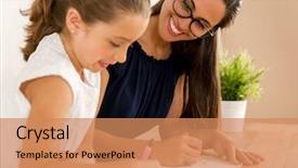  Presentation with homework - Theme featuring young mother helping her daughter background and a coral colored foreground