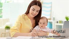  Presentation with working mother - Cool new slides with young mother holding baby while backdrop and a coral colored foreground