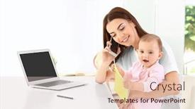  Presentation with home office - Colorful PPT layouts enhanced with young mother holding baby while talking on phone in home office backdrop and a lemonade colored foreground
