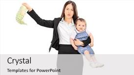  Presentation with diaper - Presentation design enhanced with young mother holding her baby background and a light gray colored foreground