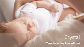  Presentation with sleeping baby - Slides having young mother holding sleeping baby at home background and a coral colored foreground