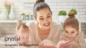  Presentation with reading - Slides having young mother reading a book background and a coral colored foreground