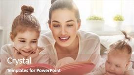  Presentation with family reading - Cool new slide deck with young mother reading a book backdrop and a coral colored foreground