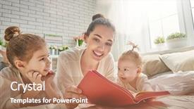  Presentation with family reading - Presentation design having young mother reading a book background and a coral colored foreground