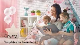  Presentation with loving mom - PPT layouts featuring young mother reading a book background and a coral colored foreground