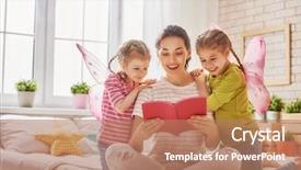  Presentation with memory book family album - PPT theme having young mother reading a book background and a coral colored foreground