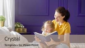  Presentation with family reading - Beautiful PPT theme featuring young mother reading a book backdrop and a  colored foreground
