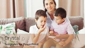  Presentation with living room - PPT theme consisting of young-mother-sits-with-two background and a coral colored foreground