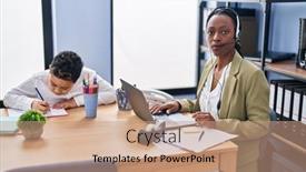  Presentation with call center - Slide deck having young-mother-wearing-call-center background and a coral colored foreground