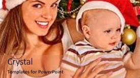  Presentation with baby tree - Slide set featuring young mother wearing santa hat holding her baby under christmas tree background and a coral colored foreground