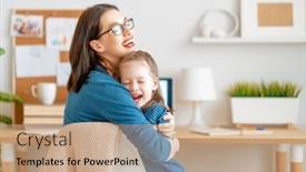  Presentation with working mother - Beautiful PPT theme featuring young-mother-with-child-working backdrop and a coral colored foreground