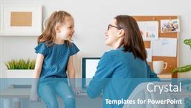  Presentation with working mother - Colorful PPT theme enhanced with young-mother-with-child-working backdrop and a teal colored foreground
