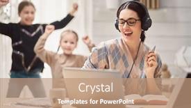  Presentation with working mother - PPT layouts with young-mother-with-children-working background and a coral colored foreground