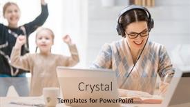  Presentation with working mother - Beautiful slide deck featuring young-mother-with-children-working backdrop and a coral colored foreground