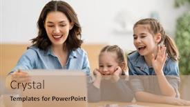  Presentation with working mother - Beautiful slide deck featuring young-mother-with-children-working backdrop and a coral colored foreground