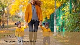  Presentation with mother twins - Presentation theme featuring young mother with cute twins walking outdoors background and a coral colored foreground