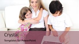  Presentation with young children - Theme having young mother with her children sitting on sofa and using laptop background and a violet colored foreground