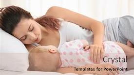  Presentation with sleeping baby - Amazing presentation design having young mother with her sleeping baby at home backdrop and a coral colored foreground