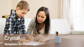  Presentation with displaying a happy mother cudd - PPT theme having young mother with her son background and a coral colored foreground