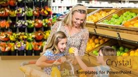  Presentation with young children - Colorful slide set enhanced with young mother with her two children at supermarket backdrop and a gold colored foreground
