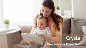  Presentation with motherhood - PPT theme featuring family technology and motherhood concept - happy smiling young mother with little baby and tablet pc computer at home background and a coral colored foreground