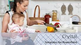  Presentation with dining table - Presentation design with young-mother-with-little-child background and a light blue colored foreground
