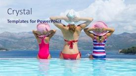  Presentation with pool side - Colorful slide deck enhanced with young mother with little girls sitting on the side of the pool and sunbathing at the seaside resort backdrop and a sky blue colored foreground