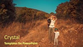  Presentation with walking trail - Amazing presentation theme having young mother with little son walking on the trail in the mountains camping in wild nature active sportive family backdrop and a tawny brown colored foreground