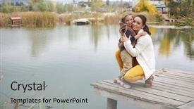  Presentation with daughter mother - PPT theme having young mother with her little daughter walking in fall park near pond one autumn day background and a light gray colored foreground