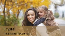  Presentation with fall leaves - Audience pleasing slides consisting of young mother with her little daughter walking in fall park on yellow fallen leaves one autumn day backdrop and a coral colored foreground