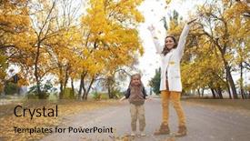  Presentation with fall leaves - Amazing PPT layouts having young mother with her little daughter walking in fall park on yellow fallen leaves one autumn day backdrop and a coral colored foreground