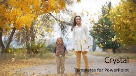  Presentation with fall leaves - PPT theme consisting of young mother with her little daughter walking in fall park on yellow fallen leaves one autumn day background and a coral colored foreground