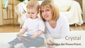  Presentation with color pencils - Presentation theme having young mother with her little son at home drawing with color pencils background and a sky blue colored foreground