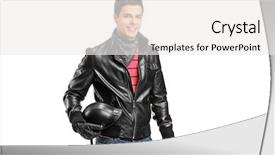  Presentation with young - Amazing slide deck having young motorcycler holding a helmet backdrop and a white colored foreground