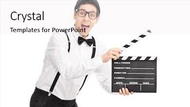  Presentation with director - Slide set featuring young movie director holding background and a white colored foreground