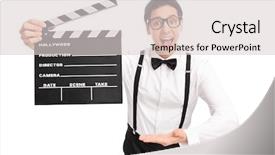  Presentation with director - Presentation consisting of young movie director holding a clapperboard in one hand and pointing towards it with the other isolated on white background background and a light gray colored foreground