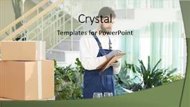  Presentation with moving - Colorful slide deck enhanced with young moving company specialist keeping backdrop and a soft green colored foreground
