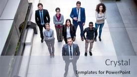  Presentation with multi ethnic group - Theme featuring young multi ethnic business people group walking standing and top view background and a light blue colored foreground