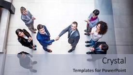  Presentation with multi ethnic group - Slide set consisting of young multi ethnic business people group walking standing and top view background and a light blue colored foreground